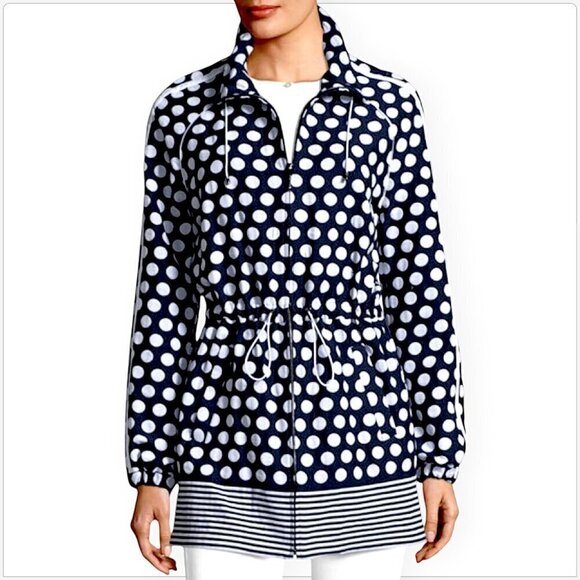 St. John Navy White Polka Dot Print Draw-Cord Waist Anorak Jacket Coat Size S - Picture 1 of 7